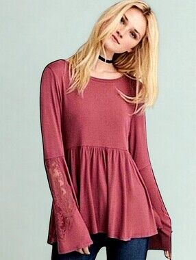 American Eagle Soft & Sexy Boho Lace Bell Sleeve Babydoll Top in Mauve | Small